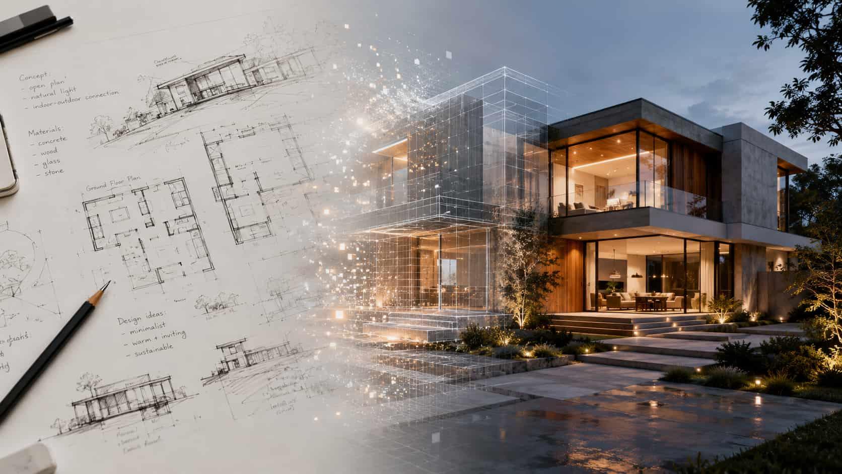 AI visualization concept showing architectural sketches transforming into a realistic modern house render.